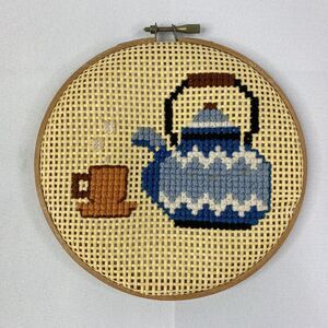 vintage handmade cross stitch teapot tea cup wall art decor finished complete